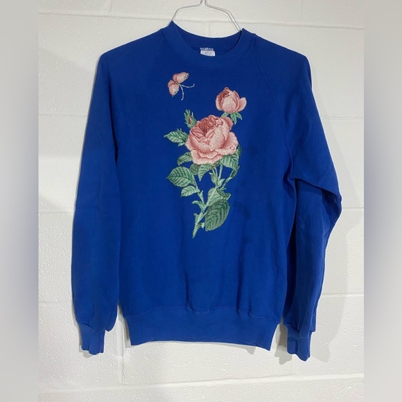 Tops - Blue Sweatshirt with Pink Rose Embroidery medium